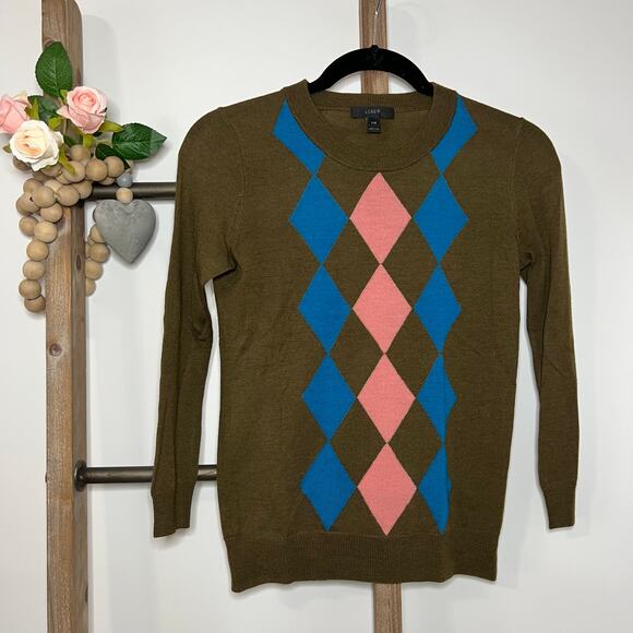 J Crew Long Sleeve Brown Argyle Crewneck Sweater Size XXS - Picture 1 of 6